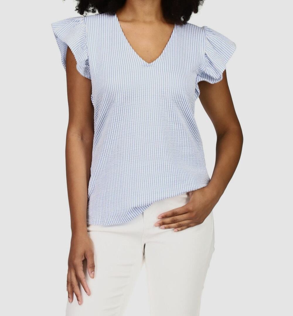 Michael Kors Seersucker Flutter Sleeve Top Size M Blue White Stripe